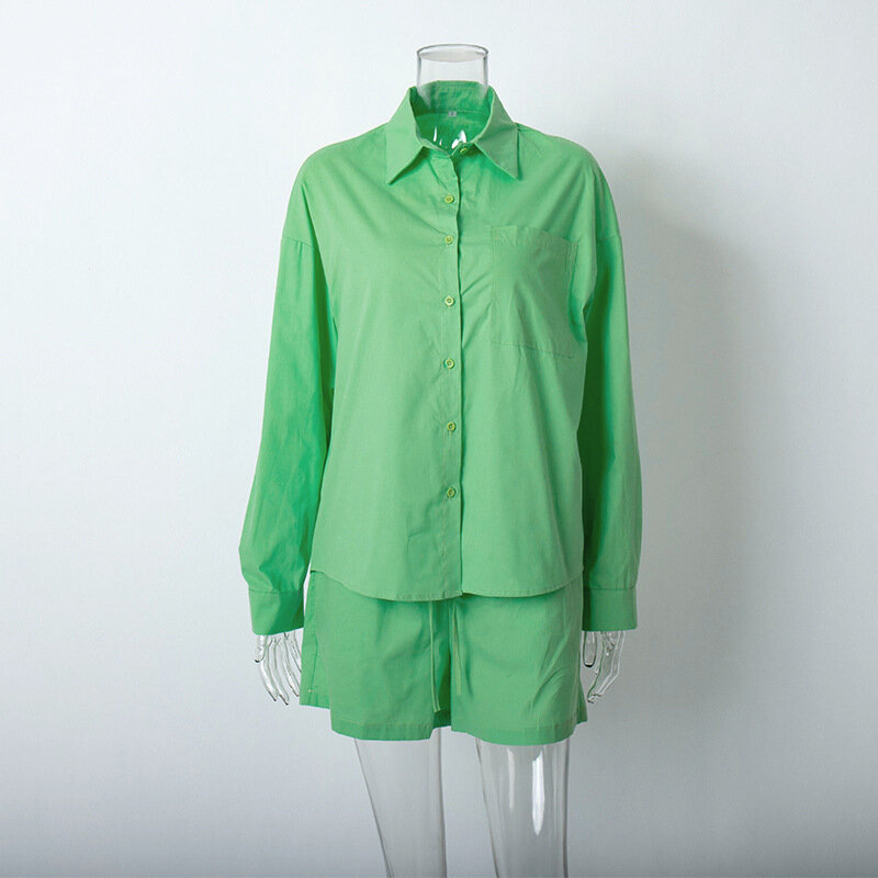 Kemeja Fitting longgar kasual, atasan hijau, nyaman dan kasual 2023 musim panas setelan celana pendek lurus, pakaian rumah komuter