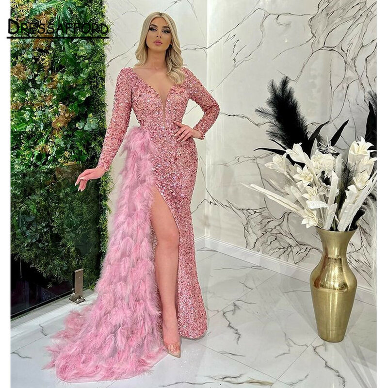 Gaun Prom Bulu Burung Unta Gaun Malam Leher V Putri Duyung Gaun Kontes 2022 Dibuat Sesuai Pesanan