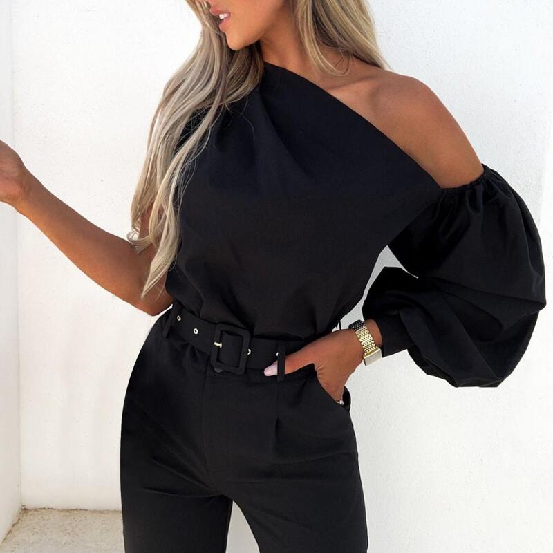 4 Sizes Women Blouse New 2022 Casual Irregular Pure Color Off-The-Shoulder Pullover Single Shoulder Casual Top Women Clothes