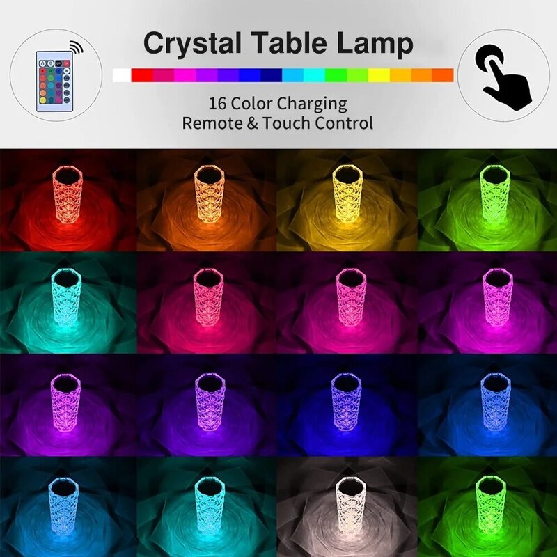 Lámpara LED de mesa de cristal, proyector de luz rosa, 16 colores, táctil, ajustable, luz de ambiente de diamante, luz nocturna táctil USB