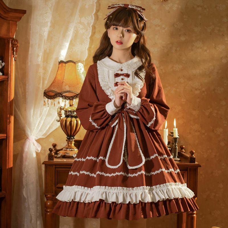Autunno dolce Lolita OP Dress donna Kawaii Vintage Ruffles Bowknot abiti da festa ragazze Harajuku carino vestito a maniche lunghe