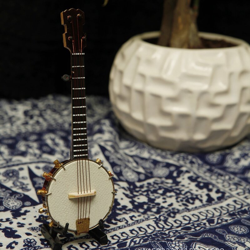 Miniatura banjo com suporte caso mini instrumento musical mini banjo miniatura casa de bonecas modelo decoração