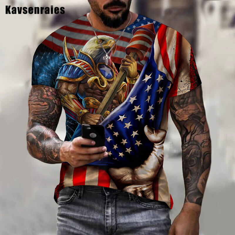 T-shirt manches courtes col rond pour homme et femme, Streetwear, décontracté, estival et à la mode, avec aigle drapeau imprimé en 3D, 2022