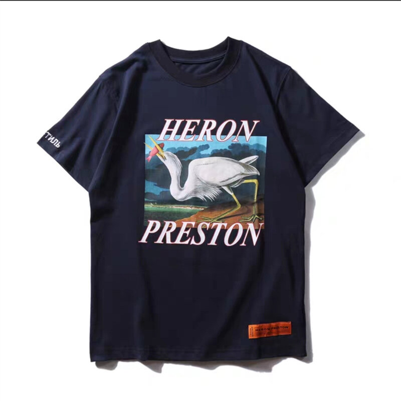 Kaus katun kualitas tinggi Heron Preston, musim semi dan musim panas, Kaus katun kualitas tinggi biru dan putih untuk pria dan wanita