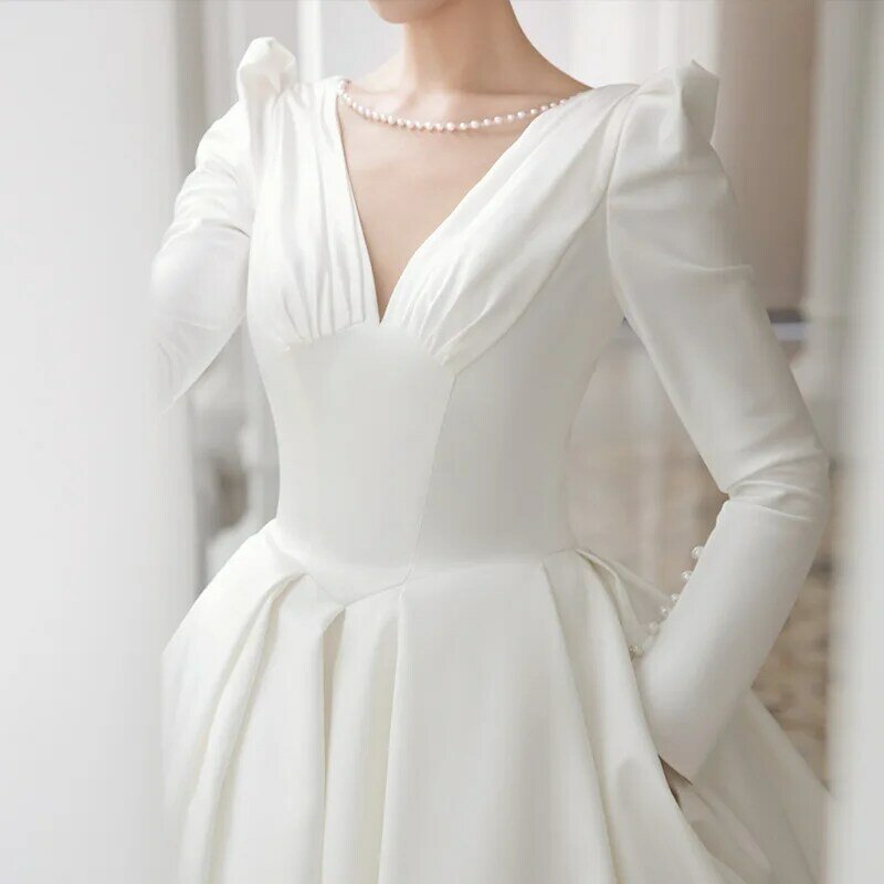 Женская белая атласная юбка ETESANSFIN с длинными рукавами и V-образным вырезом, новинка 2022