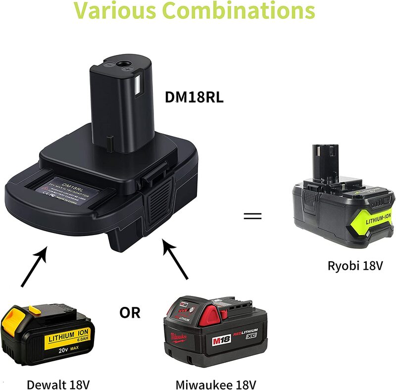 Adaptateur de batterie Li-Ion pour Dewalt, 20V/18V, pour Milwaukee, DM18RL, conversion en batterie Ryobi 18V, P108, ABP1801