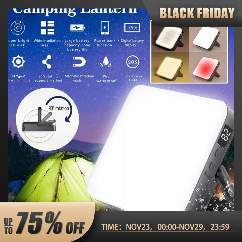 Lampu tenda Kemah portabel, lampu pasar malam, senter darurat luar ruangan tampilan LCD 80W dapat diisi ulang