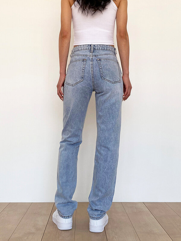 Jeans Ibu Pinggang Tinggi Baru Pakaian Jalanan Wanita Celana Denim Biru Estetika Pas Badan Kaki Lurus Dicuci Vintage Harajuku