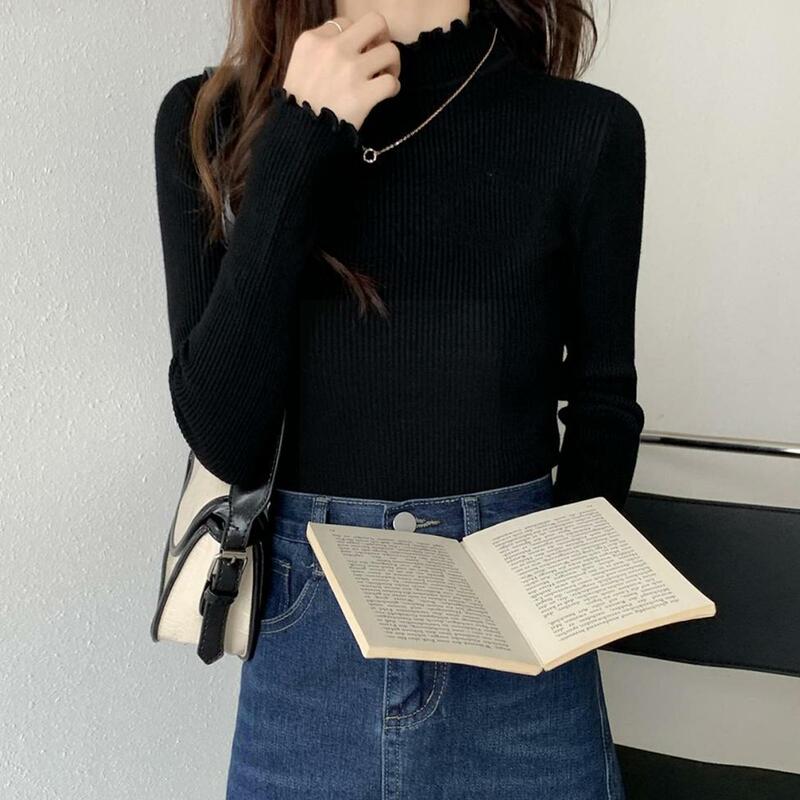 Women's Fall Winter Turtleneck Pullovers With Wooden Knitted Sweaters Slim Ribbed Ruffles Elastic Ears High Pullovers Sexy F1V7