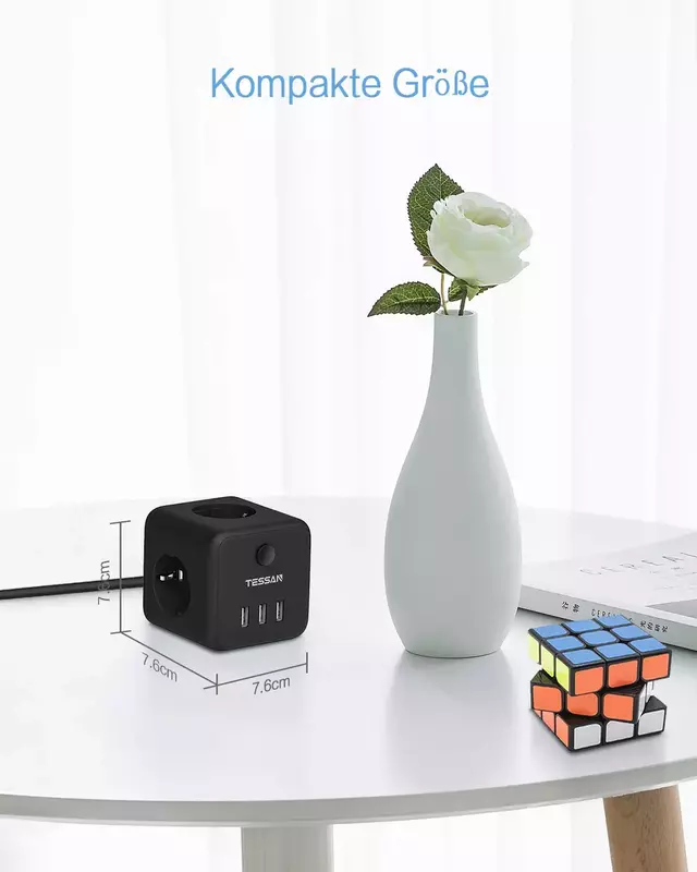 TESSAN สีดำ Cube USB Socket Power Strip พร้อมสวิตช์,3-Way Outlets (2500W / 10A) 3พอร์ต USB 1.5M สำหรับ Home, Office