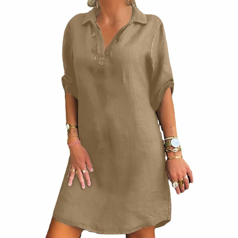 القطن الكتان بلوزة فستان Vintage عادية رفض طوق قصيرة الأكمام فضفاضة الصلبة فساتين صغيرة الإناث Vestidos