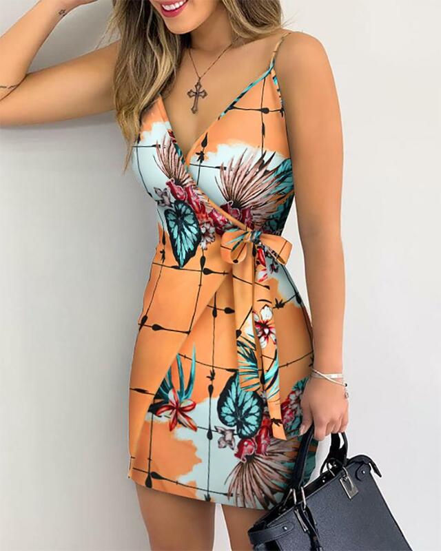 2022 New Tropical Print V-Neck Wrap Casual Dress Women Sleeveless Summer Holiday Mini Dress