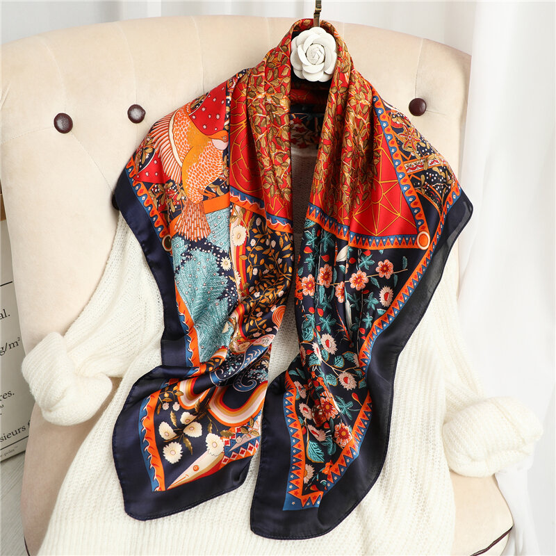 Foulard Hijab carré en Satin de soie pour femmes, marque de luxe, Bandana, bandeau musulman, sac enveloppant, cravate pour cheveux, 90x90cm