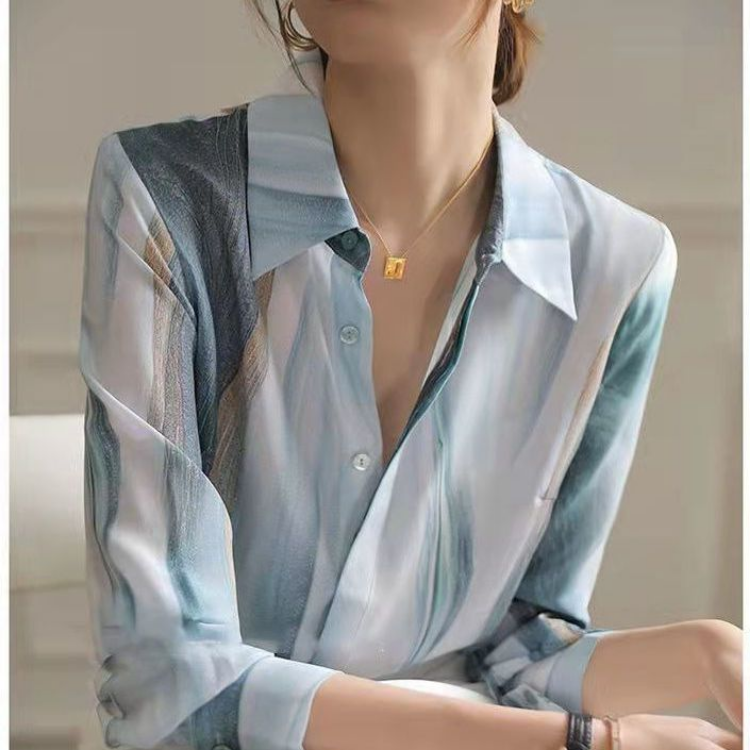 Gradient koszula z guzikami jesień koreański moda klasyczne koszulki dla kobiet elegancka, długa koszulka z nadrukiem luźna odzież damska