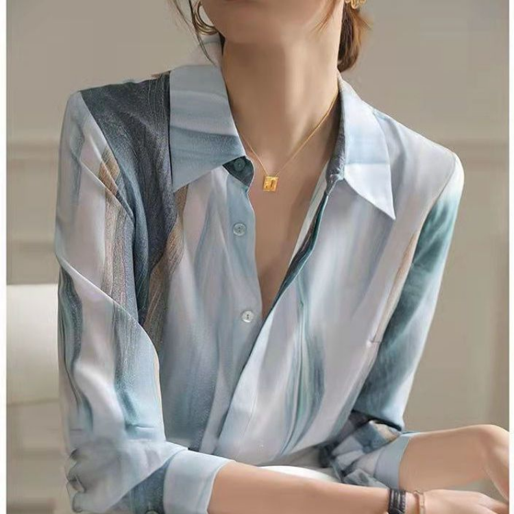 Gradiente color button up camisa outono coreano moda camisas do vintage para as mulheres elegante manga longa impressão solto roupas femininas