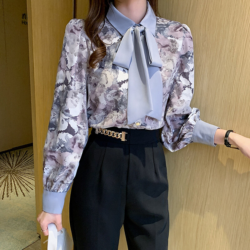 Fashion Floral Printed Shirt Women Loose Bow Tie Scarf Shirt Long-sleeved Office LadiesTop Free Shipping Clothes for Women