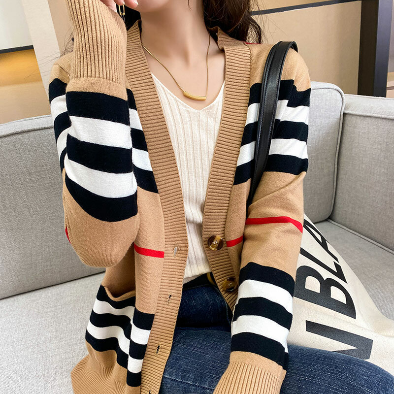 Spring New Ma Baoli Plaid Cardigan Knitted Cashmere Sweater Net Red Sweater V-Neck Loose Long-Sleeved Commuter Stripes