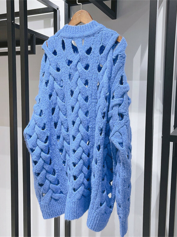 Suéter ahuecado para mujer, Jersey de punto de manga larga holgado Simple con cuello redondo, novedad de 2022
