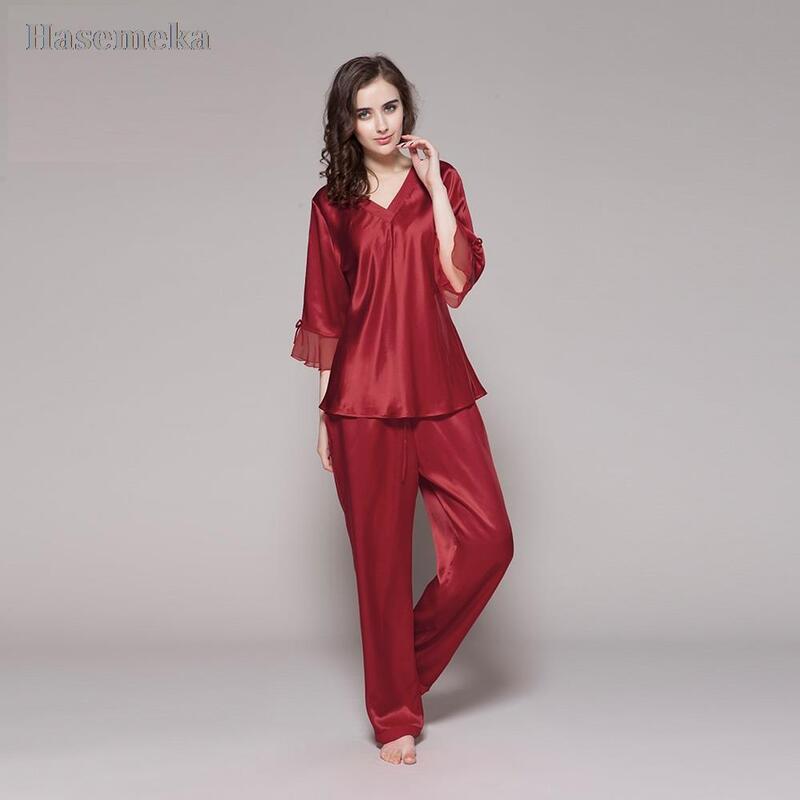 Luxo 100% real seda pijamas definir feminino natural mangas compridas sólido sleepwear feminino confortável lazer elegante casa roupas