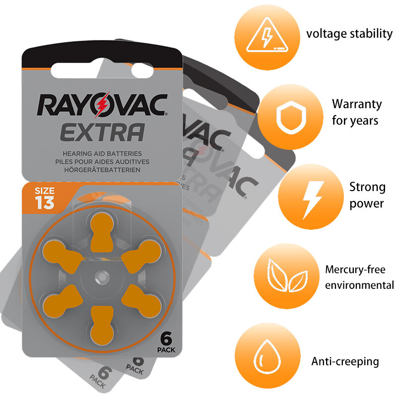 Bateria do Aparelho Auditivo 60PCS RAYOVAC EXTRA Zinc Air Baterias 1.45V.13A A13 13A 13 P13 PR48 Bateria para Aparelhos Auditivos BTE CIC RIC OE