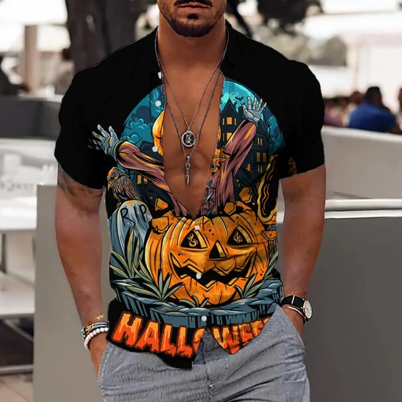 Camisa havaiana dos homens do verão de halloween 3d impresso camisas para o feriado manga curta praia topos camisa masculina blusa de grandes dimensões