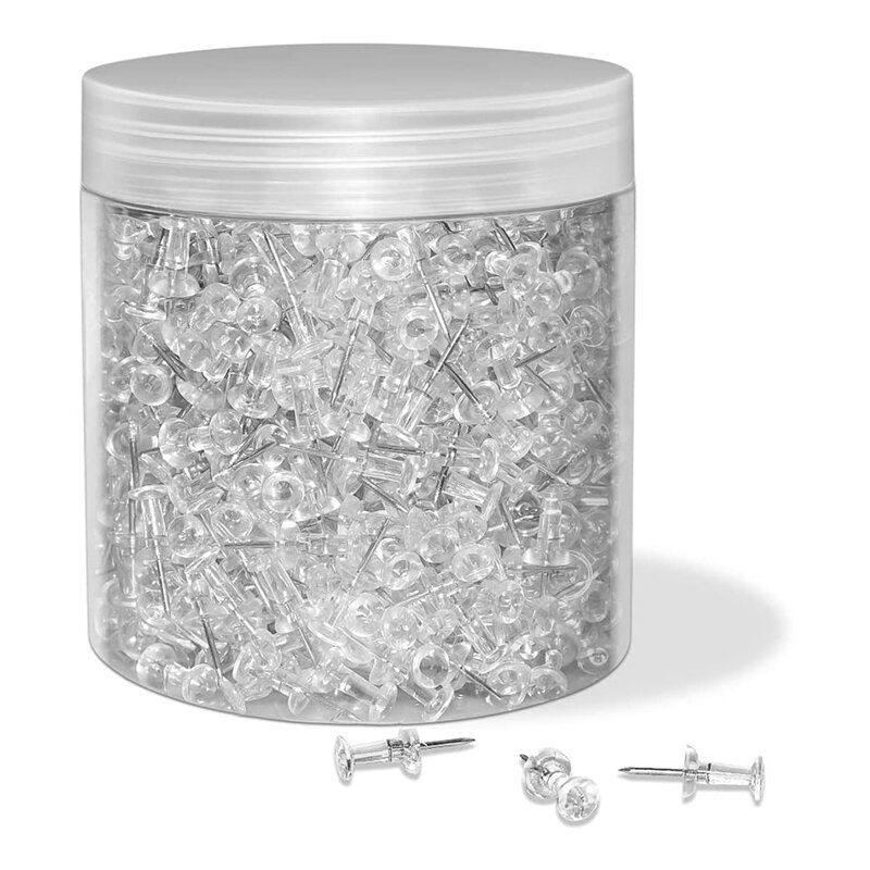 Push Pins Tacks 1000 Count In Reusable Box, Standard Clear Thumb Tacks Steel Point And Clear Plastic Head