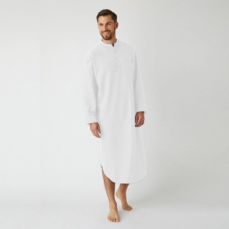 ثوب نوم رجالي أوروبي وأمريكي كم طويل زر بلون قميص عربي رداء رجالي