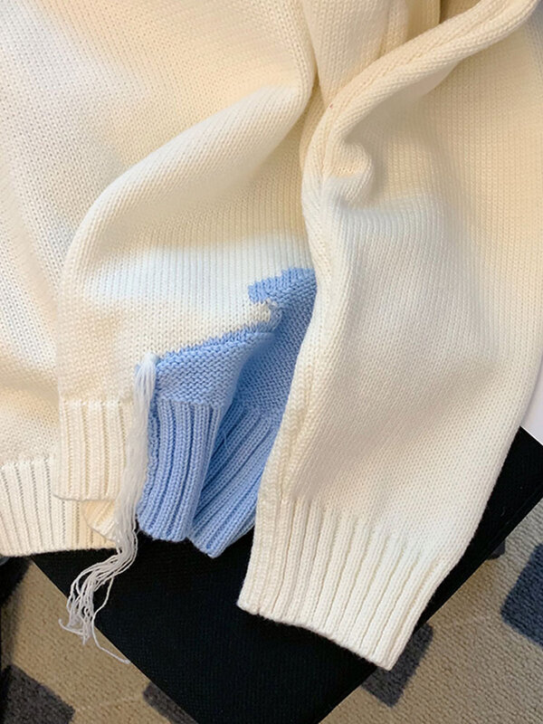 가을/겨울 패션, 일본 패션, 여성 스웨터 풀오버, 흰색, 느슨한 니트 점퍼, 컬러 블록 디자인 하트 스웨터, 2022 년 상품