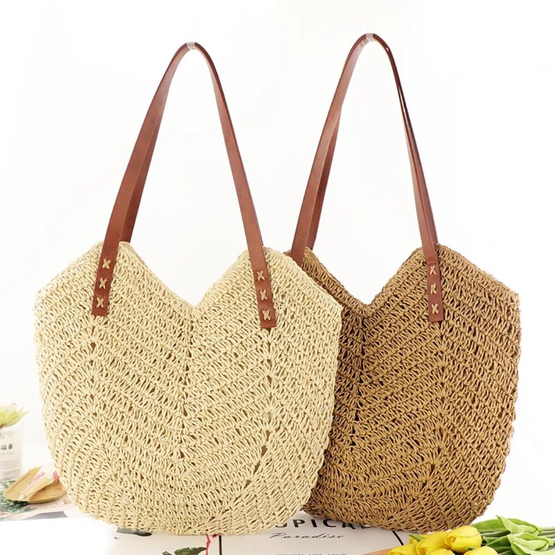 Round Straw Beach Bag Vintage Handmade Woven Shoulder Bag Bohemian Summer Fashion Vacation Casual Bags Travel Hollow Totes 2022
