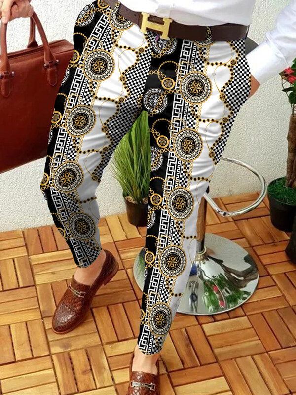 Jesienne męskie spodnie z nadrukiem Smart Casual w stylu etnicznym ołówkowe spodnie męskie cienkie średnio wysoka talia Jogger półformalne spodnie do garnituru Streetwear S-3XL