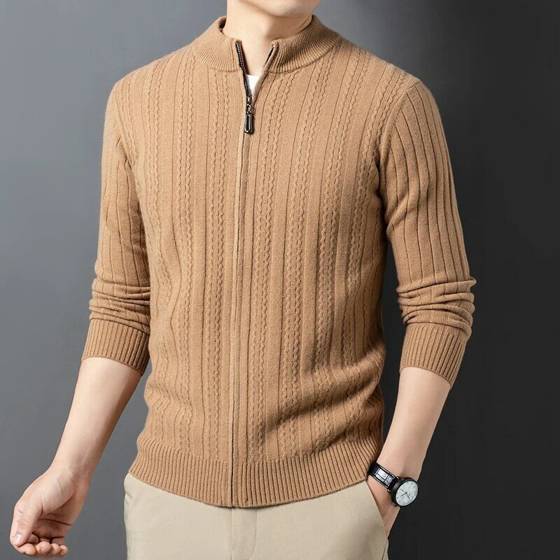 High Quality 100% Pure Wool Sweater Vertical Stripes Thick Sweater Cardigan Autumn  Winter Leisure Men's Knitted Cardigan Coat