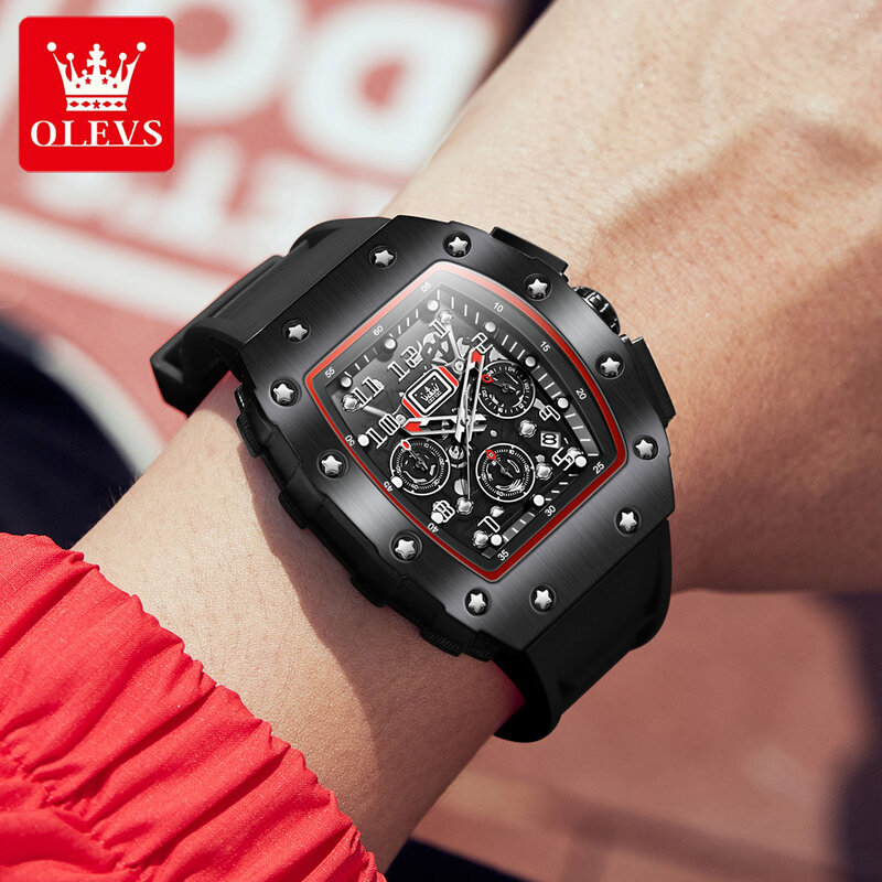 Olevs-メンズスポーツウォッチ,シリコン腕時計,大型ダイヤル,高品質のクォーツ,耐水性,発光クロノグラフ