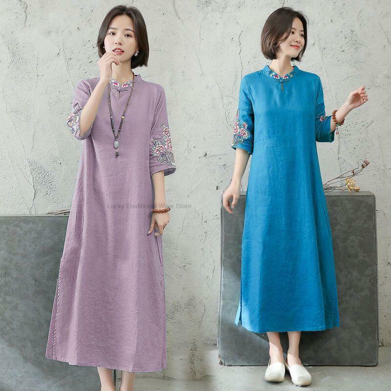 Chinesischer Stil Dame runden Kragen verbessert Cheong sam Ao Dai Kleid Frauen bestickt lässig täglich Baumwolle Leinen Qipao Kleid