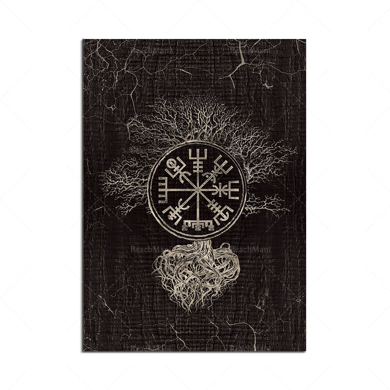Symbole Valknut i wrony i wilki, jelenie, drzewo życia, włócznia odina gunnira, Thor, Viking kompas ścienny plakat artystyczny dekoracja