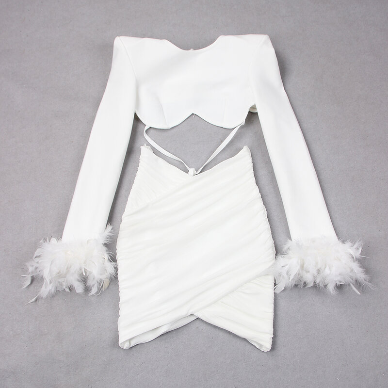 2023 Fashion Feather Mesh  Bandage Womens Two Peice Sets Blazer Mujer Top Mini Dress Sexy Dresses