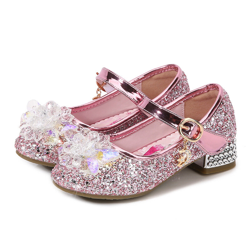 ديزني المجمدة آنا إلسا الطفل الاطفال عالية الكعب الأطفال الأميرة الكريستال الصنادل الجلدية حذاء للأطفال GirlsShoes قليلا