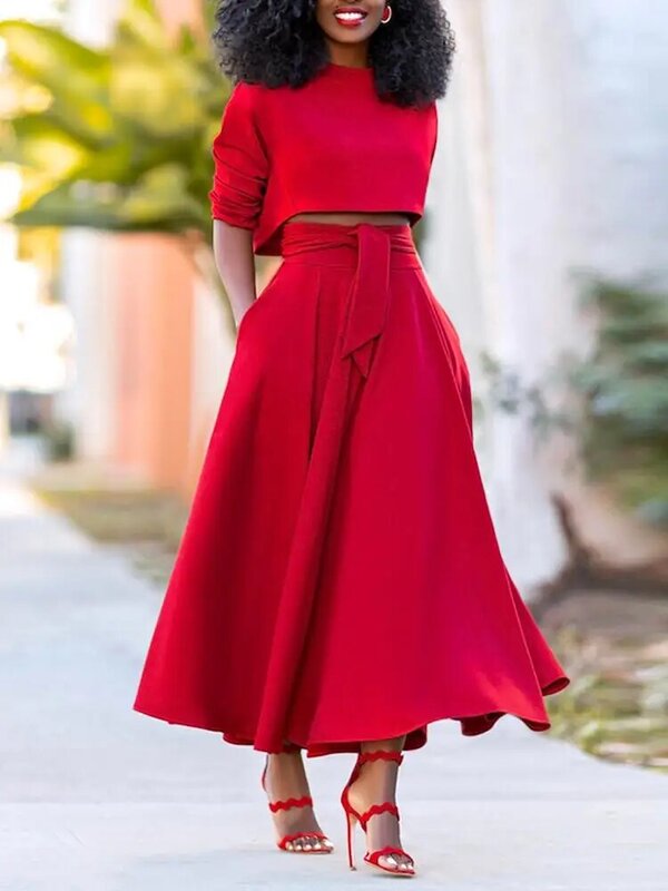 VONDA – ensemble jupe longue plissée à manches longues et col ras du cou pour femmes, 2022