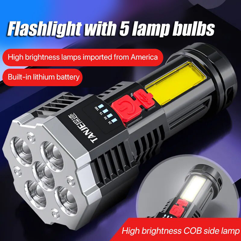 Linterna LED portátil de mano para exteriores, luz potente de larga duración, recargable por USB, con batería integrada, para acampada, 1/2 piezas