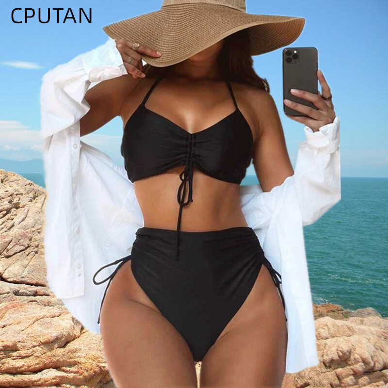 CPUTAN – maillot de bain froncé noir, Bikini, taille haute, avec cordon de serrage, costume de bain brésilien pour femmes, 2022