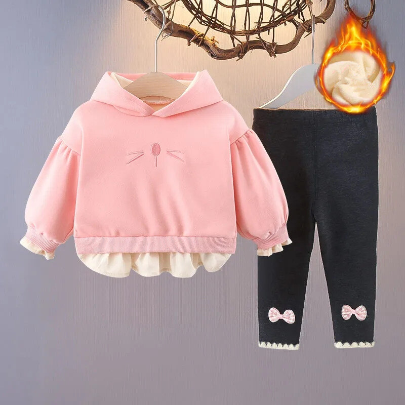 Setelan Olahraga Anak Perempuan Baju Olahraga Anak-anak Atasan + Celana Bertudung Bulu Tebal Set 2 Potong 6M-3T Set Baju Bayi Musim Gugur Musim Dingin Anak Sui