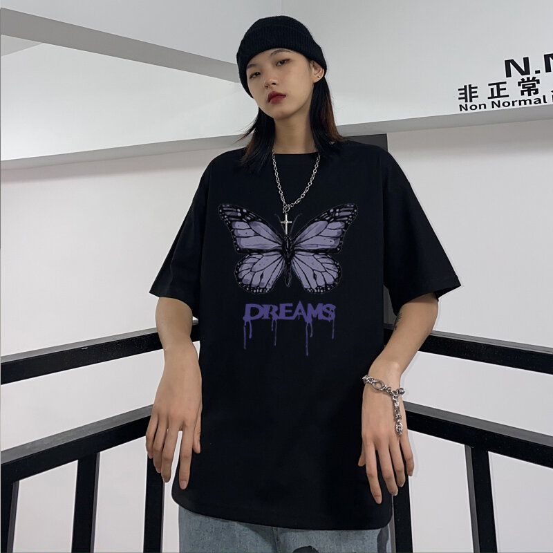 Y2k gótico hip hop roupas femininas blusa solta estética roxo dos desenhos animados borboleta imprimir estilo coreano topos punk harajuku t camisa