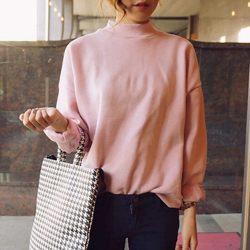 Kobieta bluzy 2022 słodki koreański O-neck dzianinowe swetry gruby jesień zima cukierki kolor luźne bluzki z kapturem solidna odzież damska