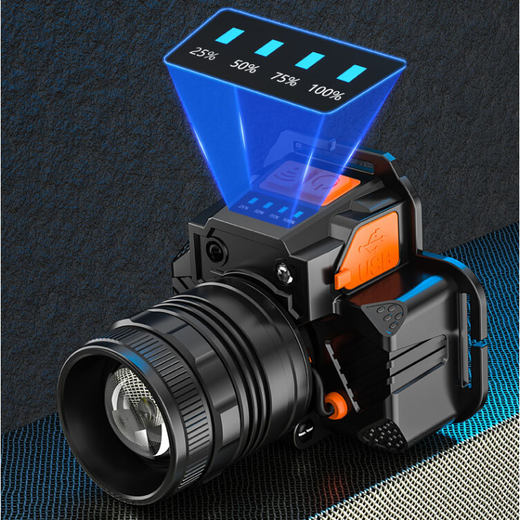 Lanterna de led com sensor, t6, forte, luz, zoom rotativo, carregamento usb, material de liga de alumínio, tamanho externo, pesca noturna