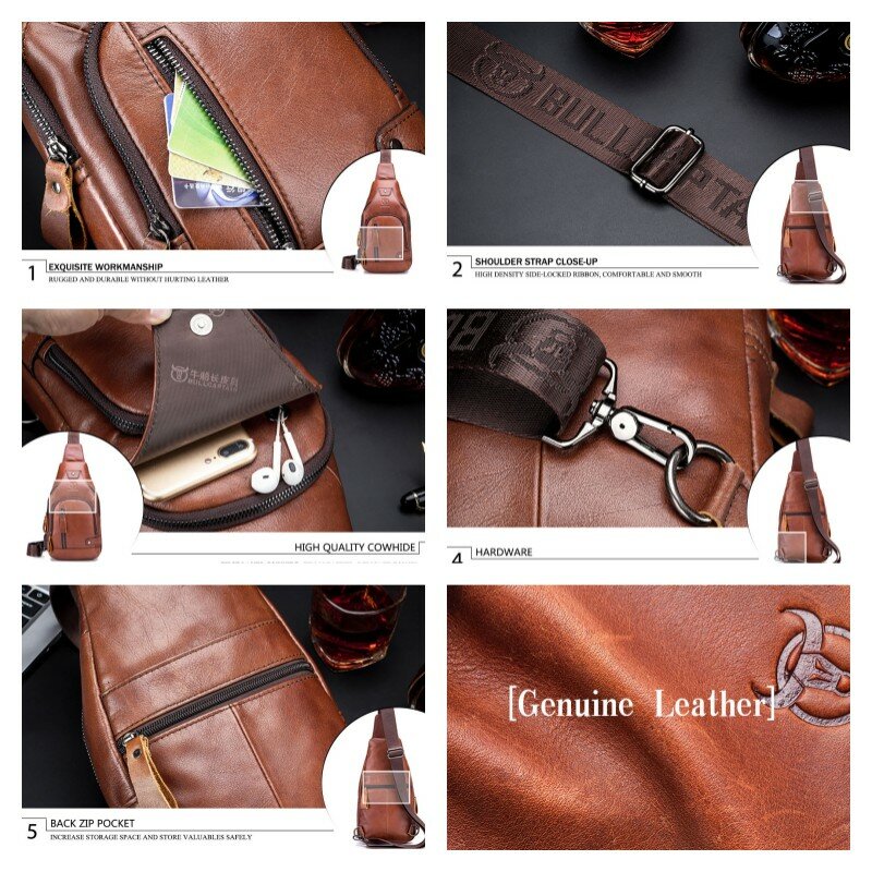 Men's Retro Top Layer Cowhide Genuine Leather Shoulder Bags Pack USB Crossbody Travel Sling Messenger Pack Chest Bag for Male