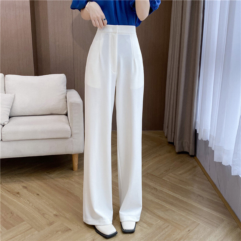 Mulheres Branco Straight-leg Suit Calças Wide-leg Calças Primavera Verão Straight Wide Drape Tailored Alta-waisted Loose Slim Casual