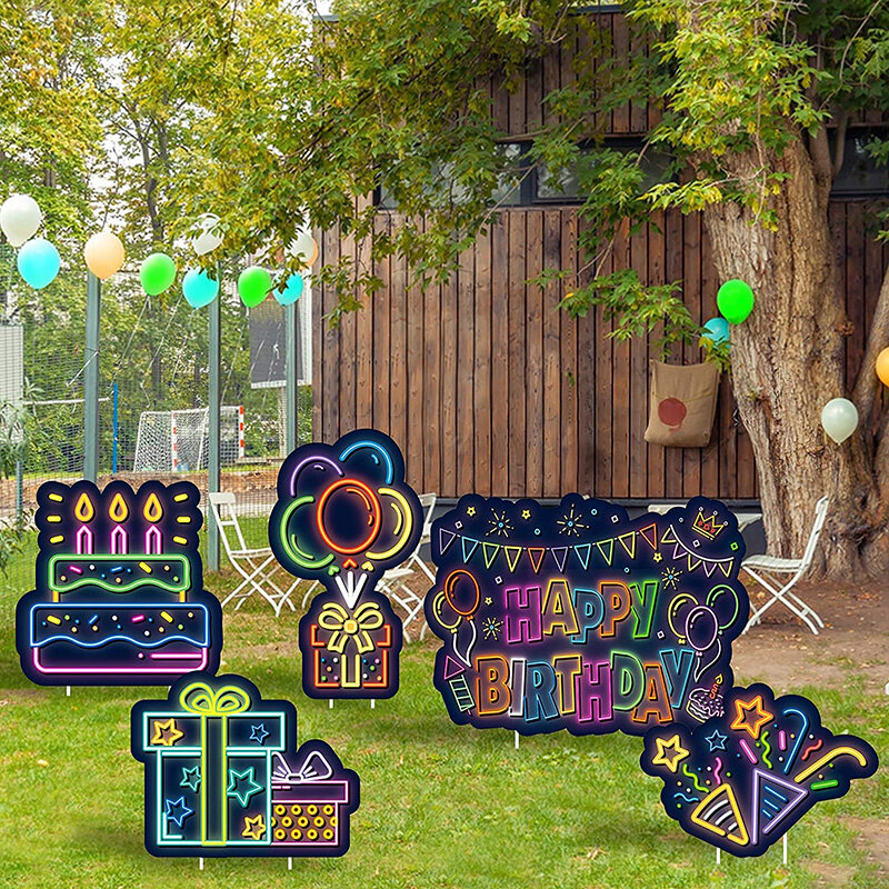 5 Sets Neon Happy Birthday Yard Signs with Stakes Waterproof Lawn Sign Retro Outdoor Party Favor Decoration Photo Props Supplies