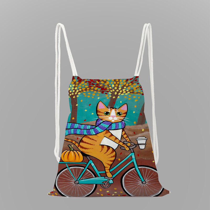Sorte gato impressão escola mochila para meninas saco de corda saco de corda mochila de viagem feminina
