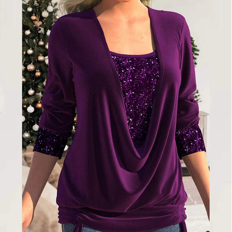 New Solid Sequin Patchwork V-neck Women Top Casual Long Sleeve Drawstring Loose Shirt Autumn Vintage Office Commuter Lady Blouse