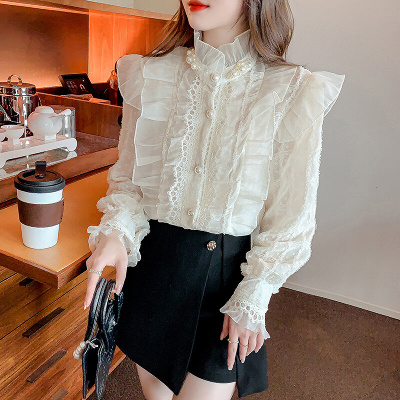 Gola grânulo doce plissado senhora camisa francês do vintage elegante renda chiffon blusa feminina manga longa topo feminino 23023