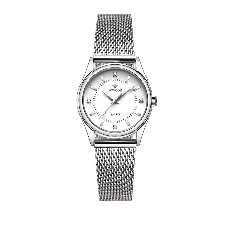 Wwoor Merk Luxe Horloges Dames Zilveren Prachtige Eenvoudige Rhinestone Casual Vrouwen Waterdichte Mesh Riem Quartz Klok Montre Femme